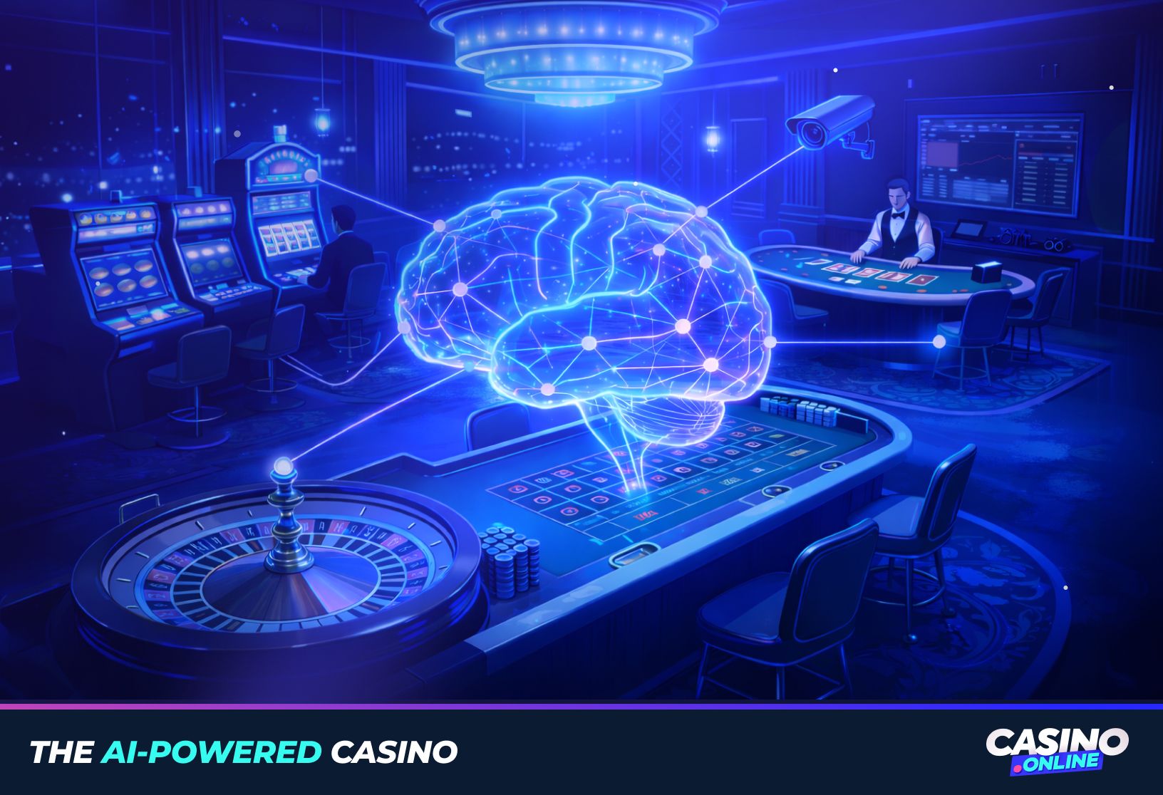 AI-powered futuristic casino with glowing brain, slots, roulette, and surveillance for intelligent gaming.